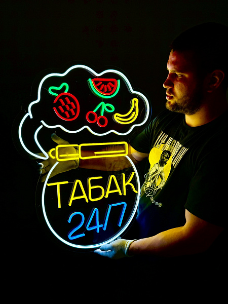 Неоновая вывеска "Табак 24 на 7"